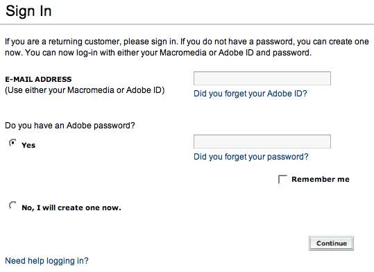 Adobe login and signup screen