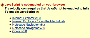 Travelocity customer alert with Javascript disabled